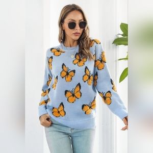 Fuzzy Shag Monarch Butterfly Raised Bold Color Knit Pullover Sweater Shirt